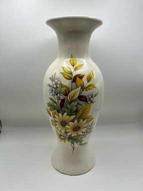 White Floral Ceramic Vase with Yellow Bouquet Design